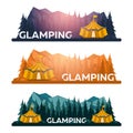 Glamping. Glamor camping. Campfire. Pine forest and rocky mountains. Evening Camp.