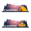 Glamping. Glamor camping. Campfire. Pine forest and rocky mountains. Evening Camp.