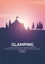 Glamping. Glamor camping. Campfire. Pine forest and rocky mountains. Evening Camp.