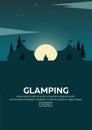 Glamping. Glamor camping. Campfire. Pine forest and rocky mountains. Evening Camp.