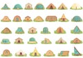 Glamping icons set cartoon . Tent adventure