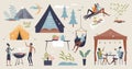 Glamping items set with nature camping elements in tiny person collection