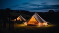 Glamping is luxurious glamorous camping. Glamping in a beautiful countryside at night.