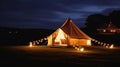 Glamping is luxurious glamorous camping. Glamping in a beautiful countryside at night.