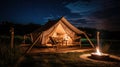 Glamping is luxurious glamorous camping. Glamping in a beautiful countryside at night