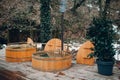 Glamping luxury camping. Glamorous camp sauna bath at forest.