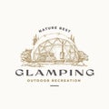 Glamping Recreation Retro Logo Template. Hand Drawn Comfortable Outdoor Tent Landscape Sketch with Typography. Vintage
