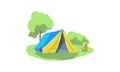 Glamping resorts. Forest touristic camp with tent, folding table and chair for adventure tourism and travel, bushcraft