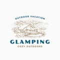 Glamping Retro Logo Template. Hand Drawn Comfortable Outdoor Tent Landscape Sketch with Typography. Vintage Sketch