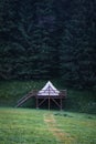 Glamping tent in green meadow surrounded by fir tree forest Royalty Free Stock Photo