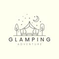 glamping with tree line art vector logo template illustration design, camping, tent logo concept