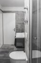 Glance into a bathroom with shower, toilet and washbasin