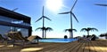 Glare from the bright sun on the boardwalk near the pool with sun loungers. Wind turbines against the blue sky. 3d rendering