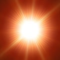 Glaring sun with lens over red background. Realistic vector sun illustration.