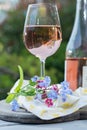 Glas of cold rose wine, outdoor terrase, sunny day, spring garden flowers Royalty Free Stock Photo