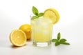 a glas of fresh lemon juice with ice cubes and mint leaves
