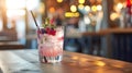 a Glas with gin and wildberry on a table in a bar