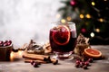 a glas of red mullet wine with christmas decoration