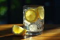 a glas of sparkling water with lemon slices and ice cubes