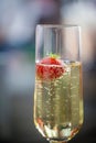 Glas of sparkling wine or champagne and strawberry