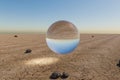 single glas sphere ball hovering in the air in large empty desert environment abstract surreal concept 3D Illustration