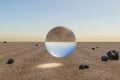 single glas sphere ball hovering in the air in large empty desert environment abstract surreal concept 3D Illustration