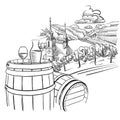 Glas of Wine on Barrel in Front of german Vineyard Landscape Royalty Free Stock Photo