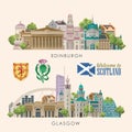 Glasgow and Edinburgh. Scotland travel vector in modern style. Scottish landscapes