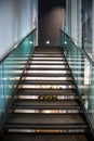 Modern glass staircase leading upward with handrail