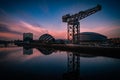 Glasgow Scotland June 2021 Glasgow Skyline reflecting in water at sunset Royalty Free Stock Photo