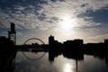 Finnieston Crane and The Clyde Arc on a sunny golden hour morning. Banks of the River Clyde Royalty Free Stock Photo