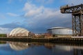 OVO Hydro Armadillo and Finnieston Crane on a sunny golden hour morning. Banks of the River Clyde Royalty Free Stock Photo