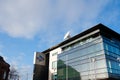 Glasgow STV office studio building on sunny day. Banks of the River Clyde