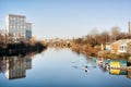 View over the river Clyde and high-rise blocks in the Gorbals from Suspension bridge in Glasgow, Scotland Royalty Free Stock Photo