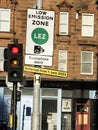 Glasgow, UK, October 22nd 2023, Low emission zone sign in city centre of Glasgow being enforced for all vehicles