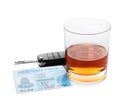 Glass of alcohol, car key and driver license on white background.