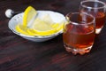 A glass of alcohol and sliced lemon. Royalty Free Stock Photo