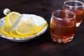 A glass of alcohol and sliced lemon. Royalty Free Stock Photo