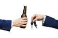 Glass of alcoholic beverage in man hand and car key in man hand. Do not drink and drive! Drunk driving. Drink and auto keys Royalty Free Stock Photo