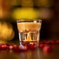 Glass with alkohol shot on wooden table