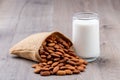 glass of Almond milk in a glass with Almond seeds. an wooden background Royalty Free Stock Photo