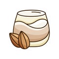 Glass of almond milk with nuts. Color hand drawn emblem for vegan nutty drink, alternative of dairy product. Doodle vector