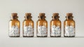 Glass amber bottles with white homeopathic pills on white backdrop. Homeopathy medicine. Concept of alternative medicine Royalty Free Stock Photo