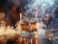 Glass of amber liquid with ice cubes on dark wooden table with blurred warm lights in the background