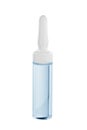 Glass ampoule with a medicine or vaccine in blue on a white background, close-up
