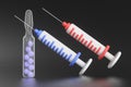 Glass ampoule of vaccine with coronaviruses inside near cartoon syringes on a black background.