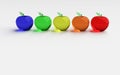 Glass apple, glowing apple, 3d model. Colorful glassy apple. Blue, green, yellow, orange and red 3D apples