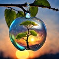 The glass apple hangs from a branch, basking in the early morning light.