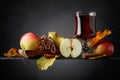 Glass of apple juice or cider with juicy apples and cinnamon sticks. Royalty Free Stock Photo