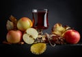 Glass of apple juice or cider with juicy apples and cinnamon sticks. Royalty Free Stock Photo